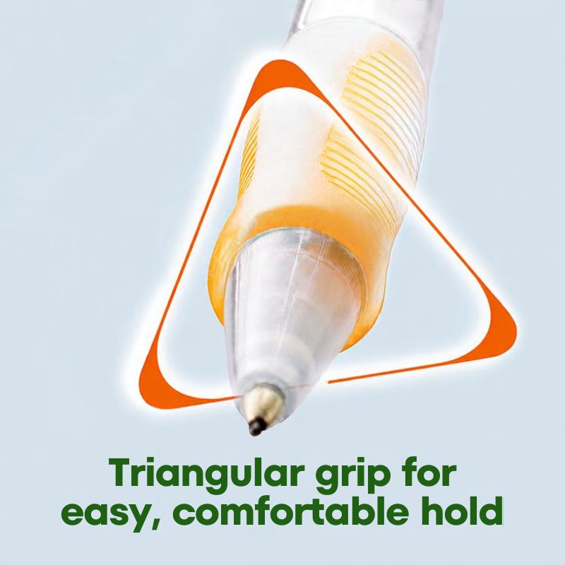 SAKURA Knox Sharp 100K mechanical pencil — triangular grip close-up, yellow elastomer grip, 0.5mm tip, made in Japan