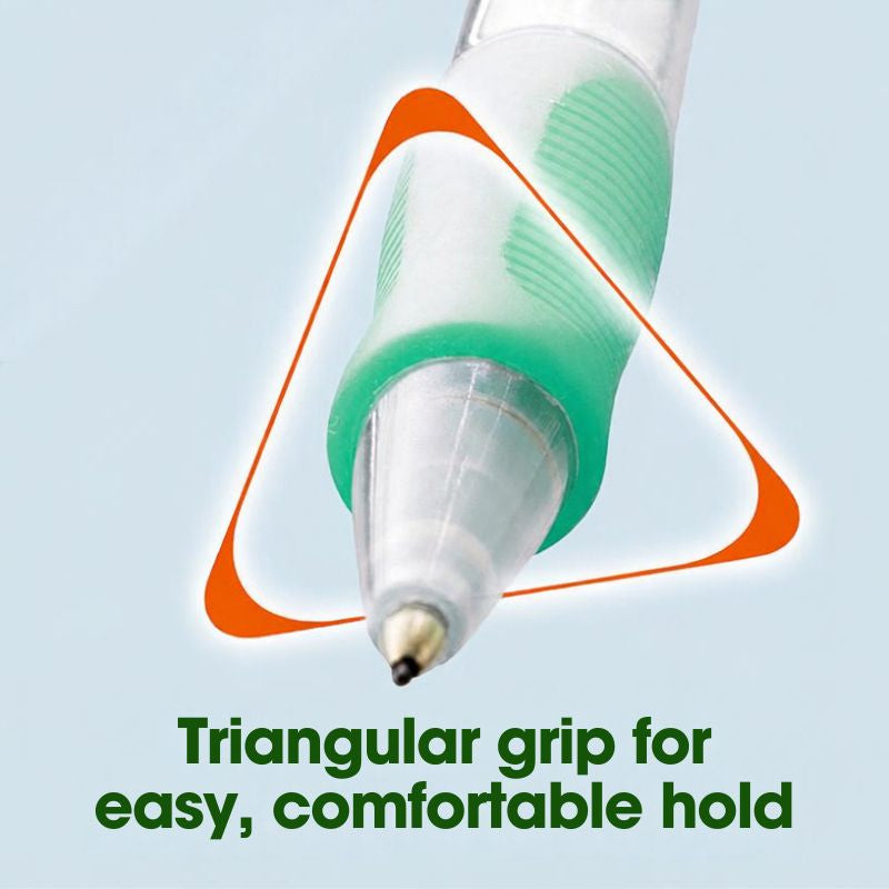 SAKURA Knox Sharp 100K mechanical pencil — triangular grip close-up, green elastomer grip, 0.5mm tip, made in Japan