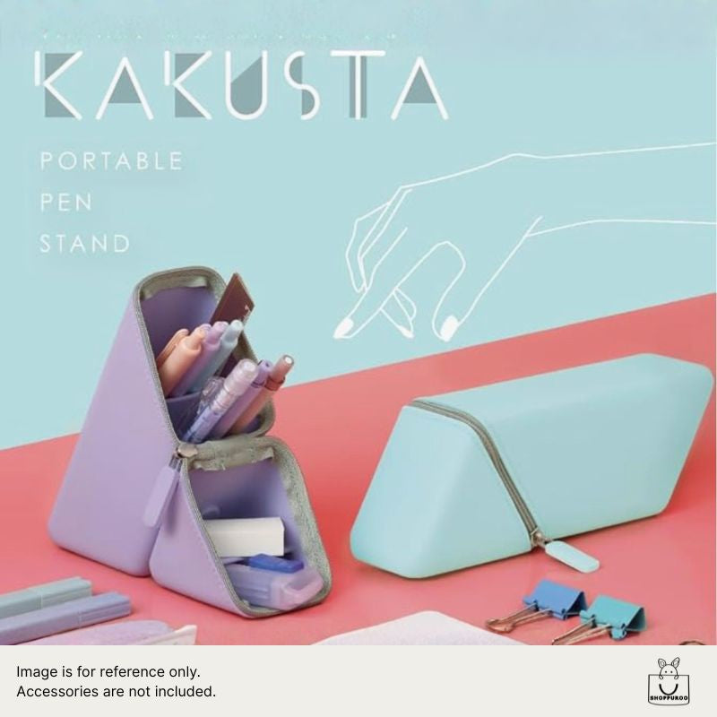 Sonic Kakusta portable pen stand open in violet — 60-degree dividers, silicone body, front view