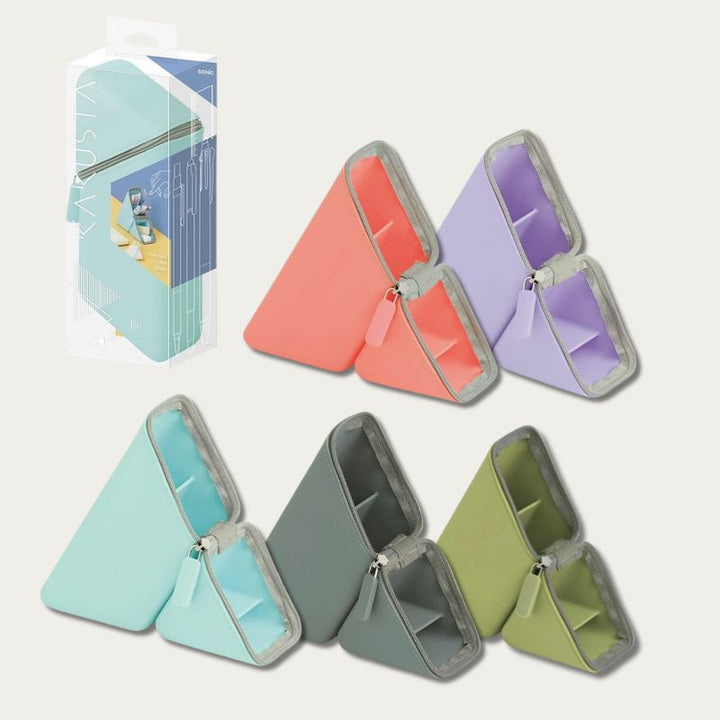 Sonic Kakusta pen stand in all five colours — coral, violet, light blue, sage grey, green