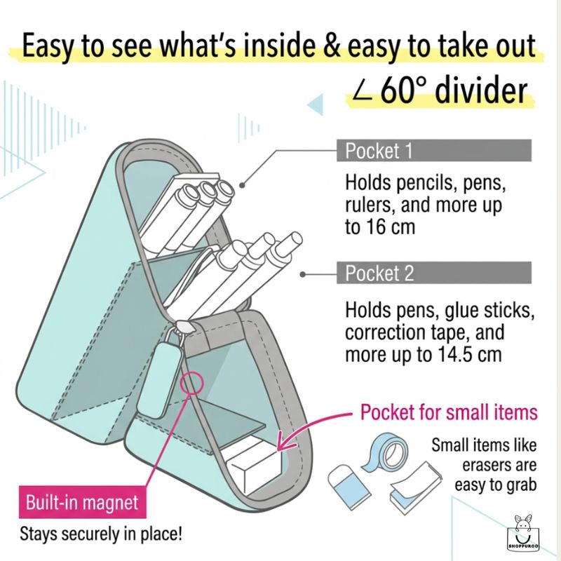 Kakusta pen stand interior diagram — Pocket 1 up to 16 cm, Pocket 2 up to 14.5 cm, small-item pocket