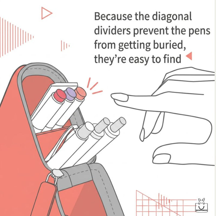 Kakusta pen stand in school bag — diagonal dividers prevent pens from getting buried