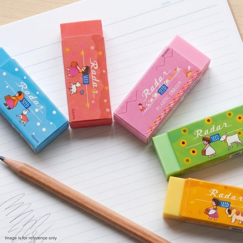 SEED x Heidi Girl of the Alps Radar erasers, all 5 designs styled on a notebook with a pencil