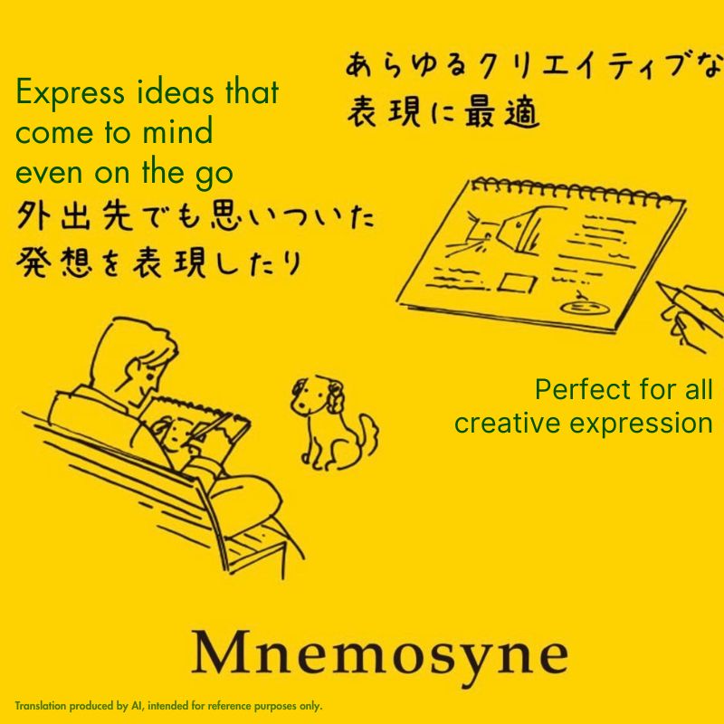 	Maruman Mnemosyne notebook lifestyle graphic showing creative note-taking and sketching