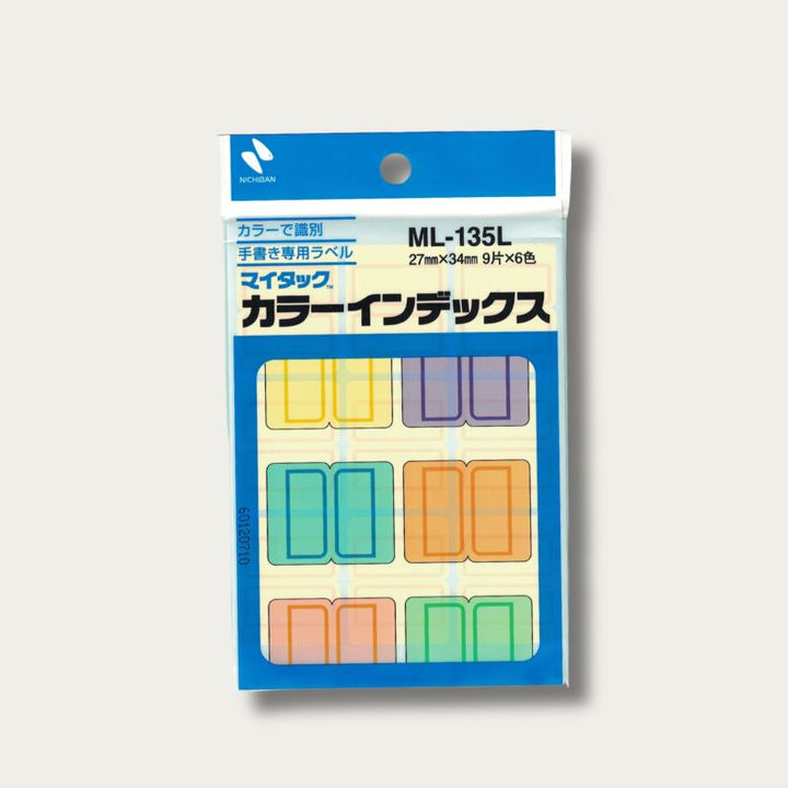 Nichiban Mytack Colour Index Label ML-135L packaging — 27mm x 34mm hand-write index labels, 9 pieces x 6 colours, made in Japan — SHOPPUROO