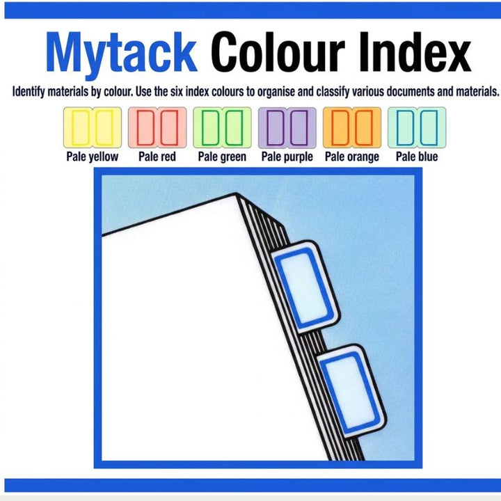 Nichiban Mytack Colour Index Label colour guide — pale yellow, pale red, pale green, pale purple, pale orange, pale blue index tabs — SHOPPUROO
