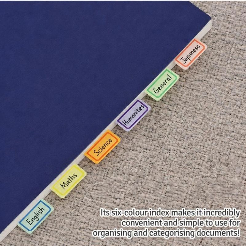 Nichiban Mytack Colour Index Label tabs applied to a notebook, colour-coded by subject — SHOPPUROO