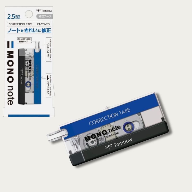 TOMBOW MONO Note Extra Fine Correction Tape — retail packaging shown alongside the product