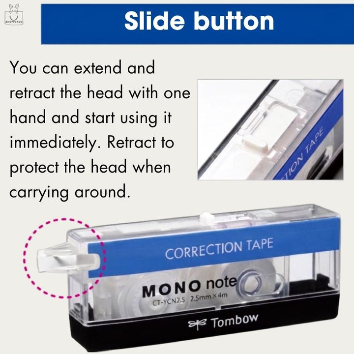 TOMBOW MONO Note Correction Tape slide button — extend and retract the head with one hand