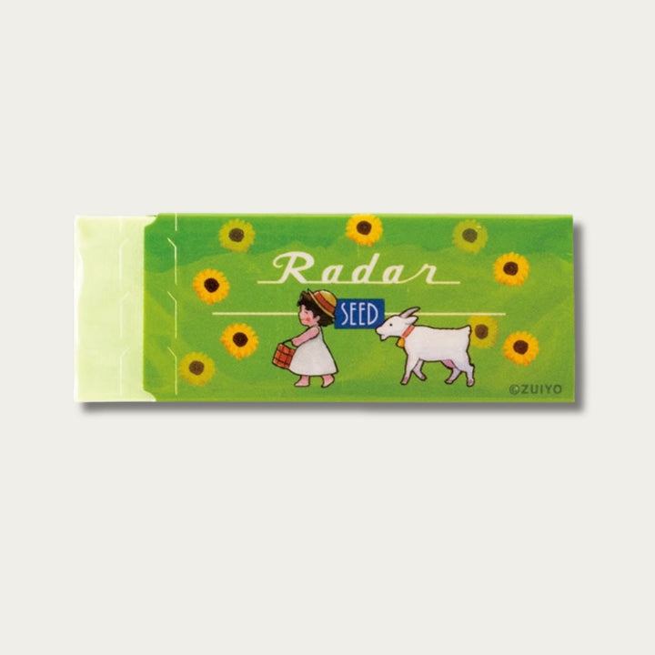 SEED Radar x Heidi Girl of the Alps 50th Anniversary Limited Edition Eraser – Green Summer design with Heidi and goat among sunflowers