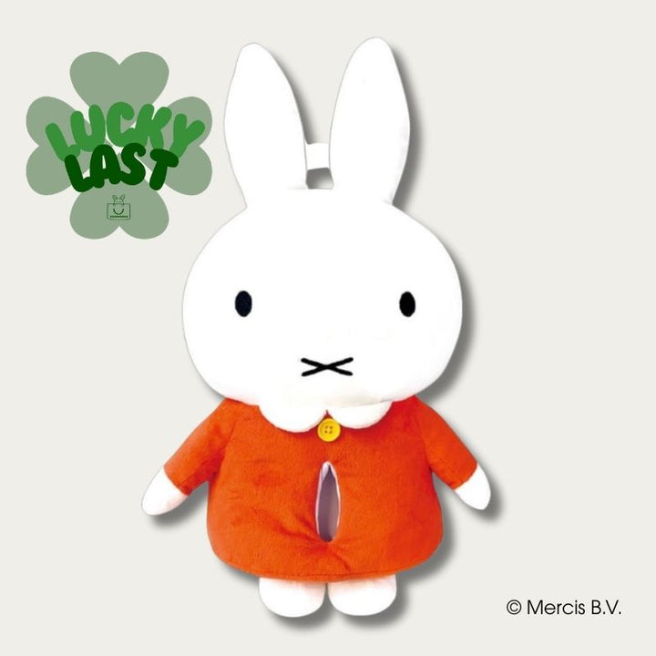 Miffy plush tissue cover in red dress, front product view on neutral background