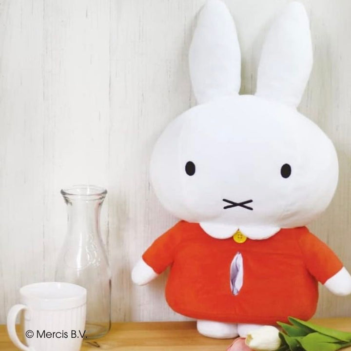 Miffy plush tissue box cover styled on a table with mug and flowers, cute home décor