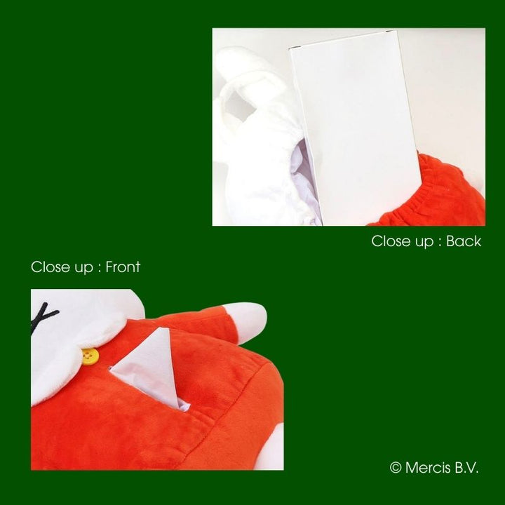Close-up front and back views of Miffy plush tissue cover showing tissue outlet and insert opening