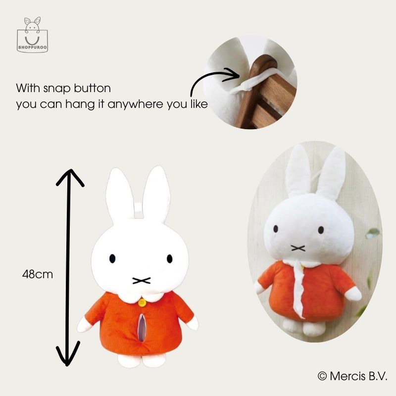 Infographic of Miffy plush tissue cover showing snap-button hanging loop and 48cm height