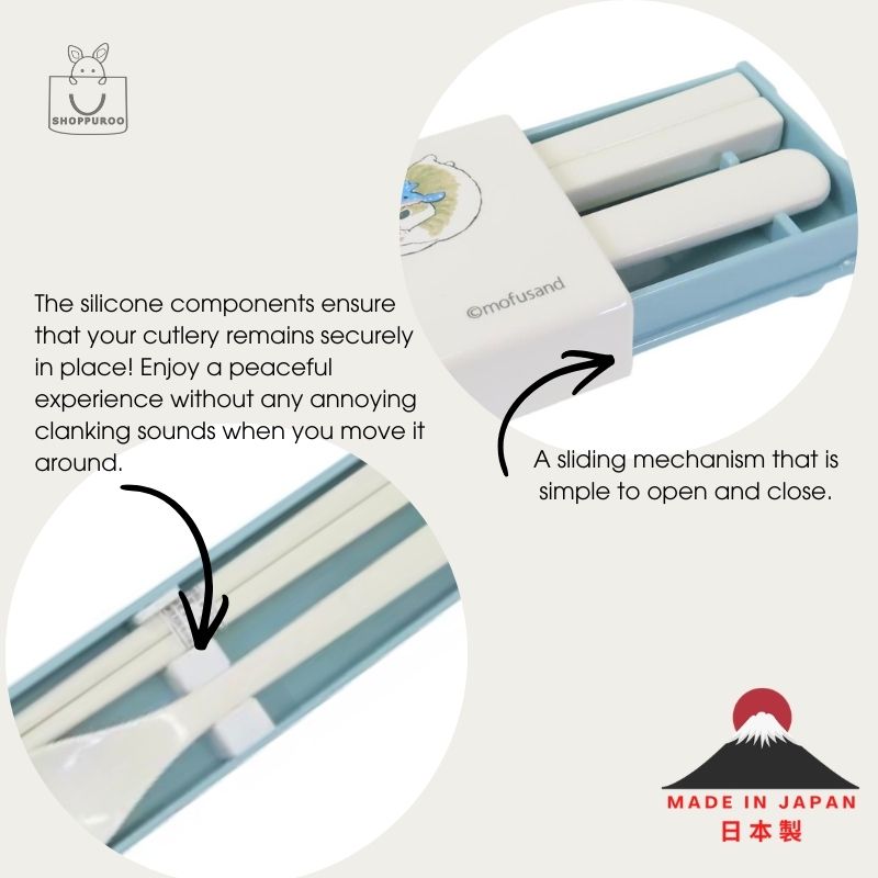 mofusand SameNyan chopsticks and spoon inside slide case showing silicone stoppers and easy sliding mechanism, made in Japan
