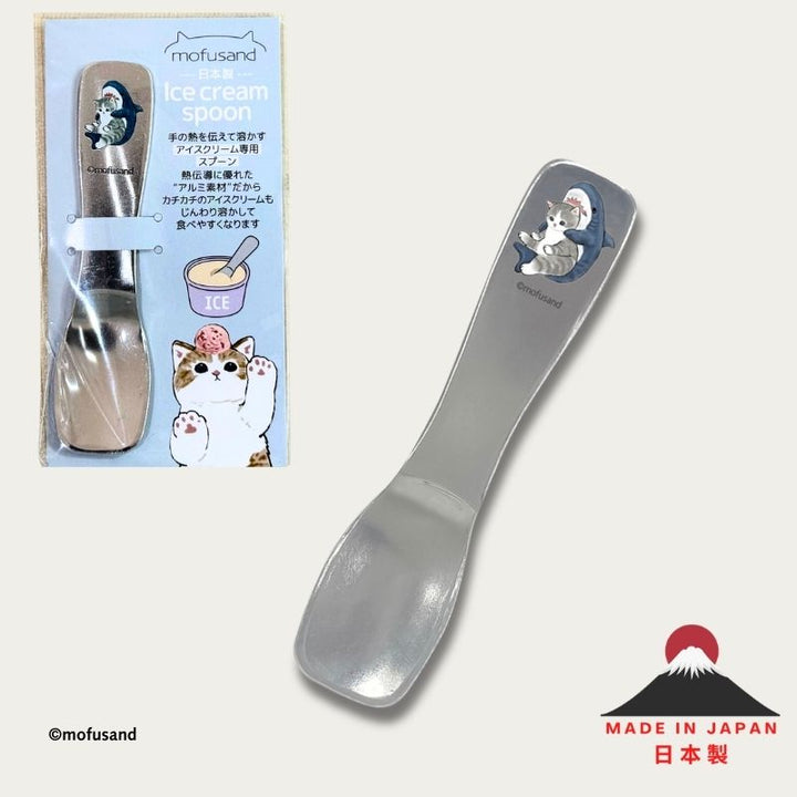 Mofusand heat-conducting aluminium ice cream spoon – Shark Cat design, made in Japan, shown with retail packaging and close-up of spoon handle featuring a cat in a shark costume.