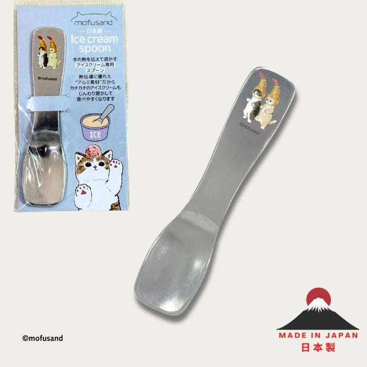 Mofusand heat-conducting aluminium ice cream spoon – Double Shrimp Tempura Cat design, made in Japan, displayed with original packaging and close-up of handle featuring two cats dressed as shrimp tempura.