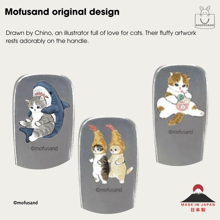 Three Mofusand cat illustrations printed on the handle of the heat-conducting aluminium ice cream spoon, original designs, made in Japan.