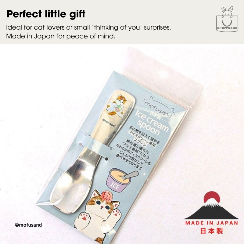 Packaged Mofusand heat-conducting aluminium ice cream spoon in gift-ready sleeve with cute cat artwork, made in Japan.