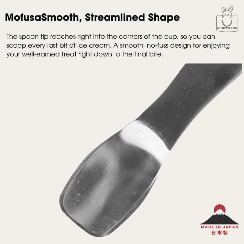 Close-up of Mofusand heat-conducting aluminium ice cream spoon tip, streamlined shape designed to reach cup corners, made in Japan.