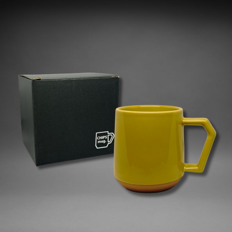 Chips Mug 380ml in Mustard Yellow, minimalist Japanese design ceramic mug with a black gift box.