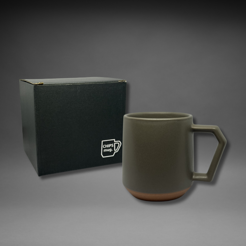 Chips Mug 380ml in Matte Grey, premium Japanese ceramic coffee mug with gift box packaging.