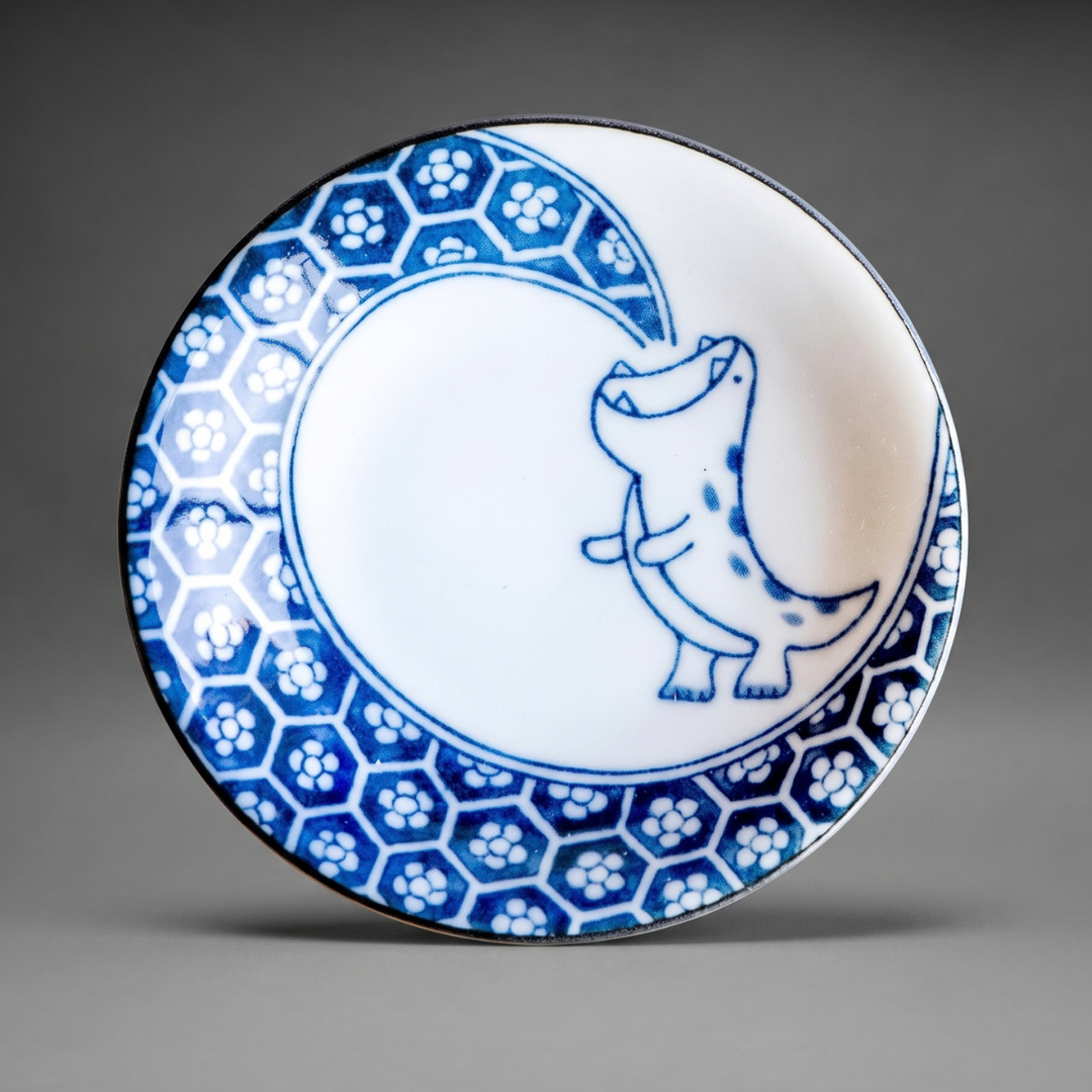 Edokko Dinosaur Blue Flame mame plate 9cm, a spotted dinosaur breathing an indigo tortoiseshell and plum blossom flame, Mino ware made in Japan