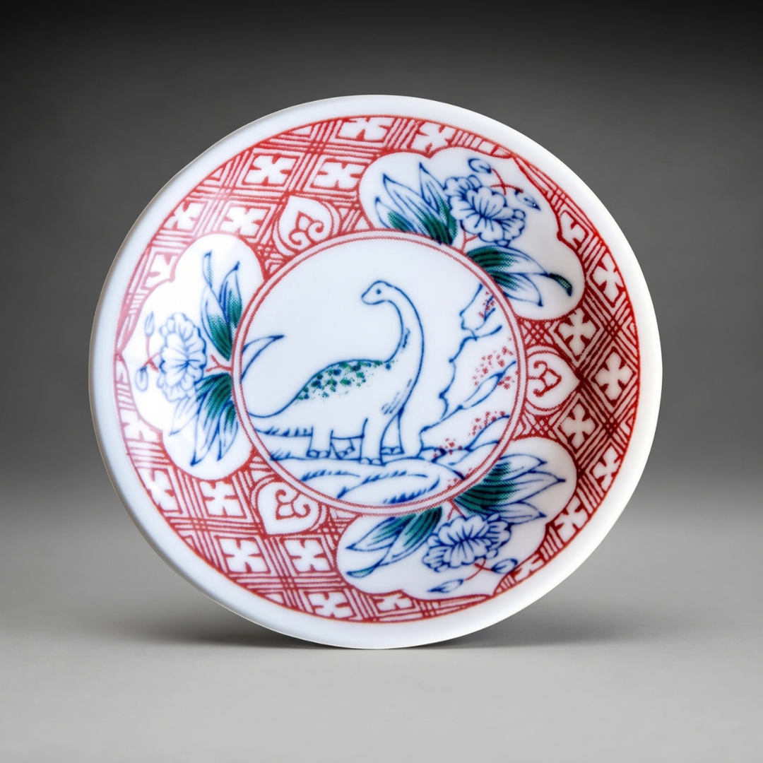 Edokko Dinosaur Flower mame plate 9cm, a long-necked dinosaur framed by blue peony panels and a red lattice border, Mino ware made in Japan