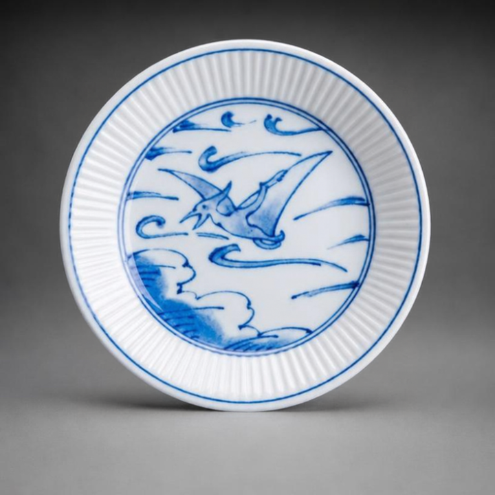 Edokko Dinosaur pteranodon mame plate 9cm, blue and white pteranodon flying through wind and clouds with a ridged rim, Mino ware made in Japan