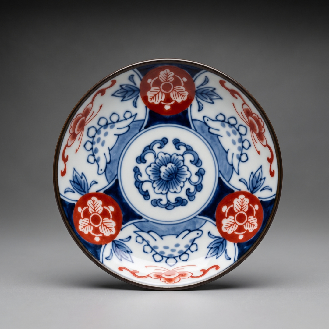 Edokko Dinosaur Kenryu mame plate 9cm, three blue stegosauruses around a peony medallion with red flower roundels, Imari style Mino ware