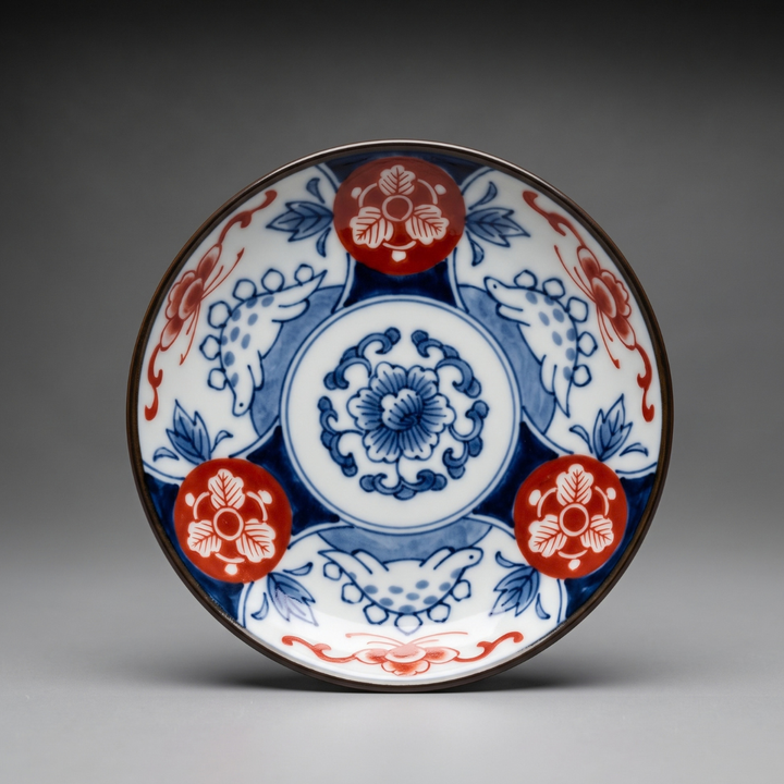 Edokko Dinosaur Kenryu mame plate 9cm, three blue stegosauruses around a peony medallion with red flower roundels, Imari style Mino ware