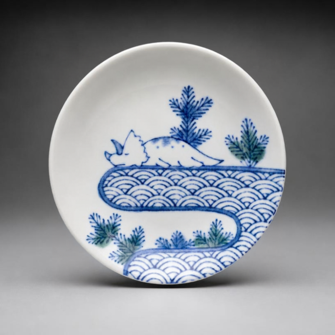 Edokko Dinosaur Blue Sea mame plate 9cm, a sleeping triceratops on blue seigaiha waves among pine trees, Mino ware made in Japan