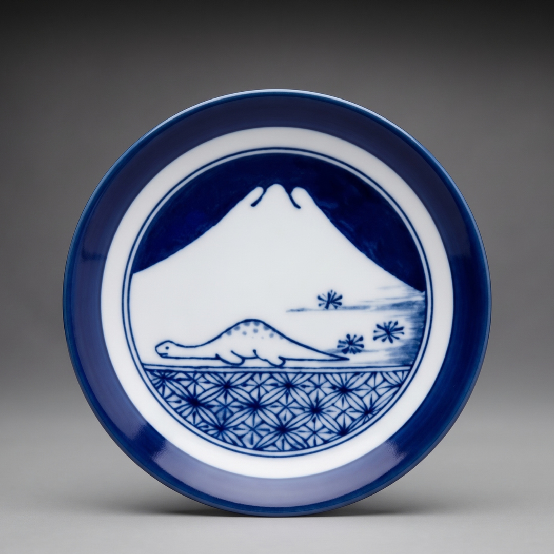 Edokko Dinosaur Fuji mame plate 9cm, a long-necked dinosaur resting below Mt Fuji with an asanoha pattern and indigo rim, Mino ware made in Japan