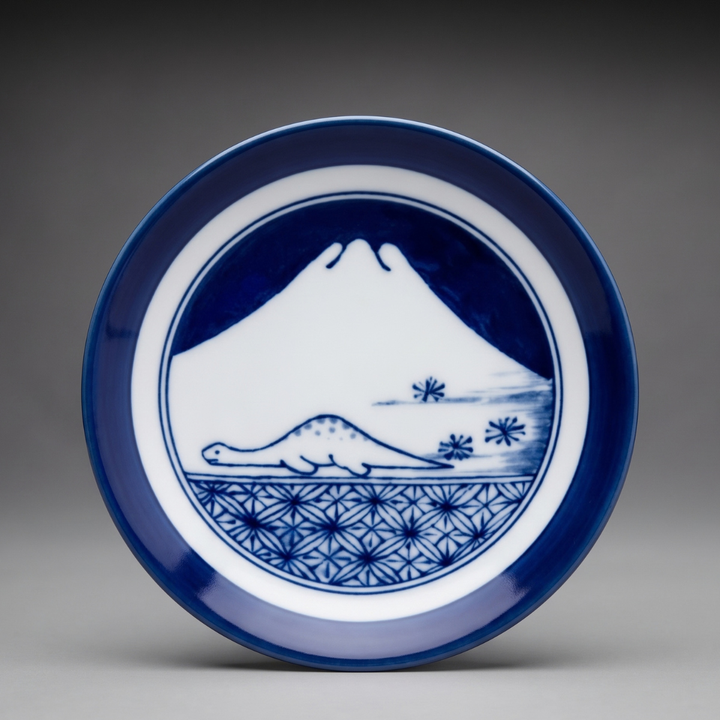 Edokko Dinosaur Fuji mame plate 9cm, a long-necked dinosaur resting below Mt Fuji with an asanoha pattern and indigo rim, Mino ware made in Japan