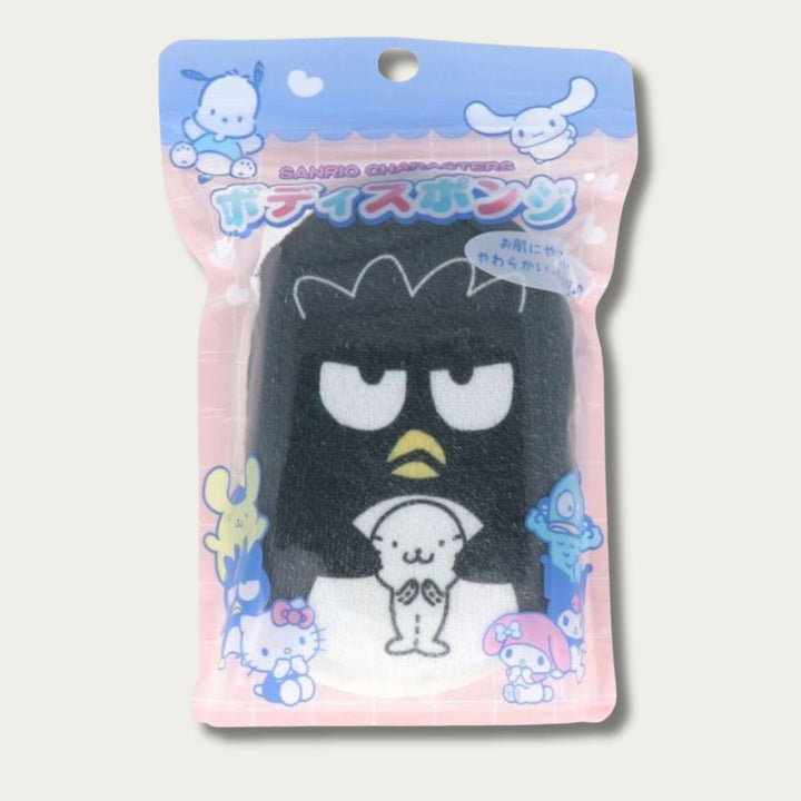 Original Japanese packaging for Sanrio Badtz-Maru soft bath body sponge featuring Sanrio characters