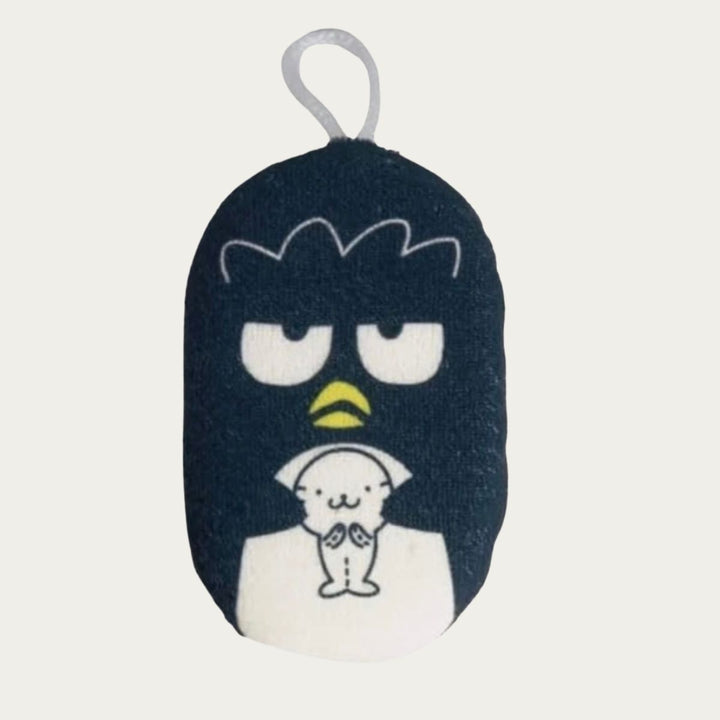 Sanrio Bad Badtz-Maru plush bath body sponge with hanging loop and baby seal illustration
