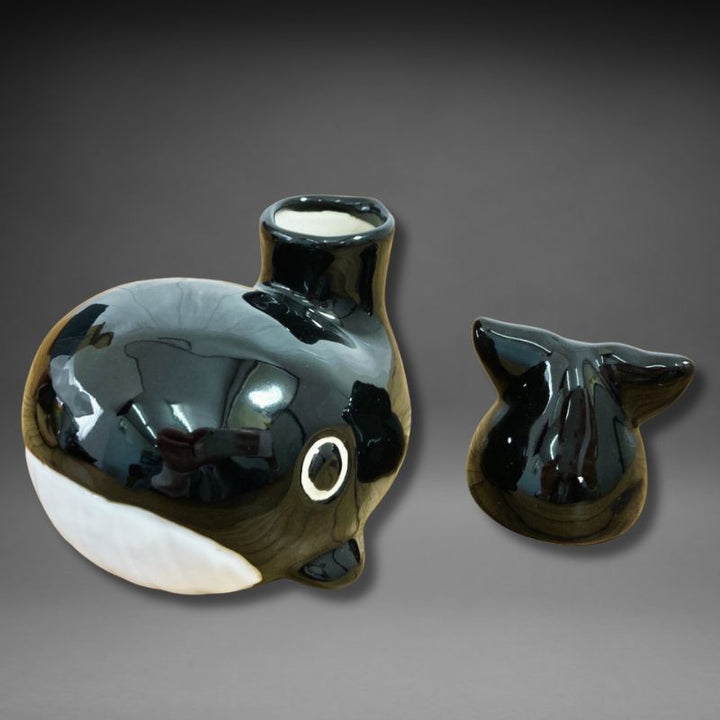 Whale sake set with detachable tail sake cup separated from tokkuri bottle — handcrafted Japanese ceramic Mino Ware — SHOPPUROO™