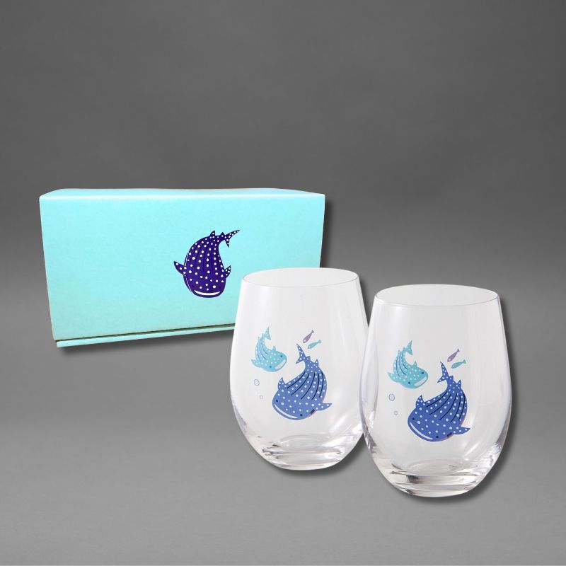 Jinbei Namama Usui Glass Pair — two stemless tumblers with whale shark design, made in Japan, gift box