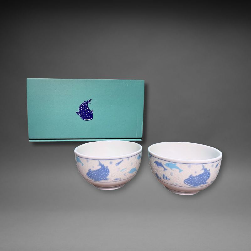 Mino-yaki Jinbei Namama rice bowl pair gift set 13cm — two Japanese ceramic bowls with whale shark motif and teal gift box — SHOPPUROO™ Australia