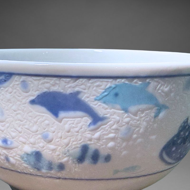 Mino-yaki Jinbei Namama bowl detail — dolphin and fish motif in blue glaze on textured Namama ceramic — SHOPPUROO™ Australia