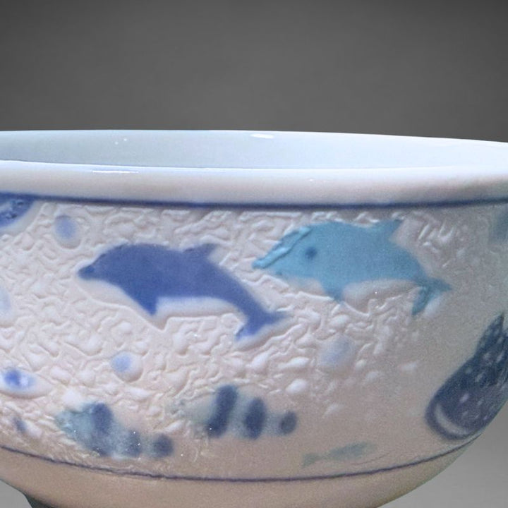Mino-yaki Jinbei Namama bowl detail — dolphin and fish motif in blue glaze on textured Namama ceramic — SHOPPUROO™ Australia