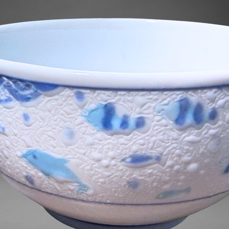 Mino-yaki Jinbei Namama bowl — ocean fish and bubble motif in blue on cream Namama textured glaze — SHOPPUROO™ Australia
