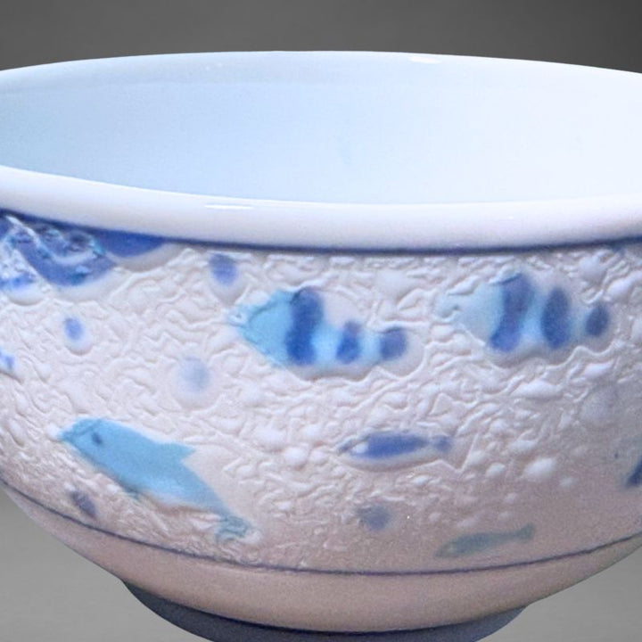 Mino-yaki Jinbei Namama bowl — ocean fish and bubble motif in blue on cream Namama textured glaze — SHOPPUROO™ Australia