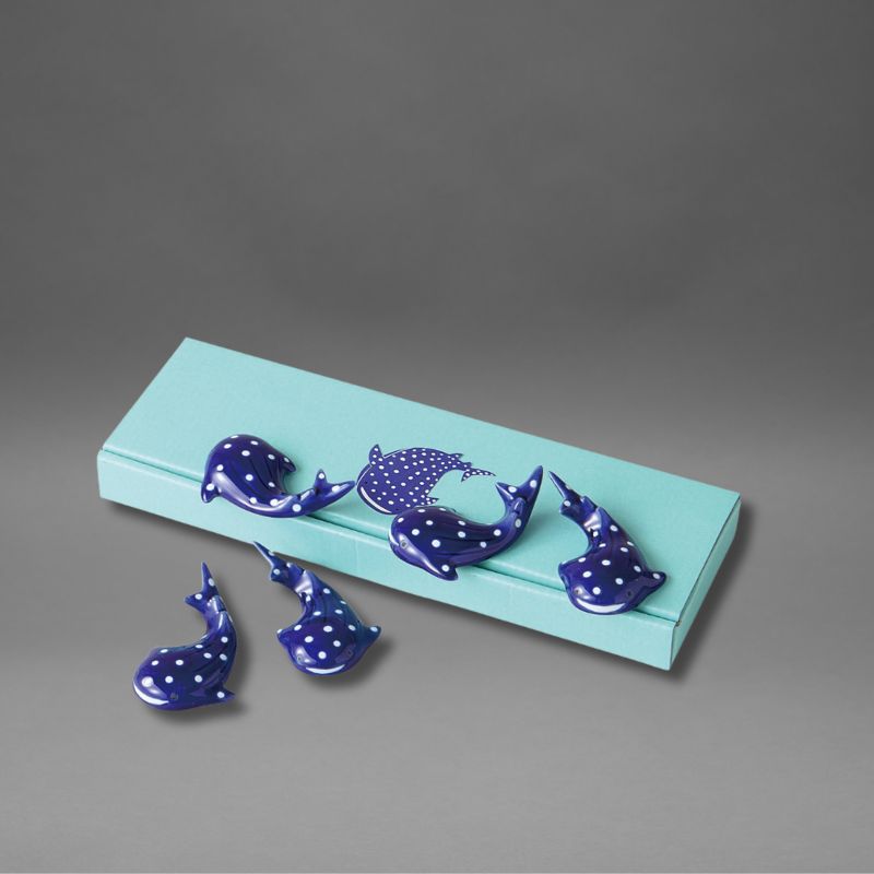 Jinbei Namama Chopstick Rest Set 5pcs — cobalt blue whale shark figurines with teal gift box, designed in Japan, SHOPPUROO™