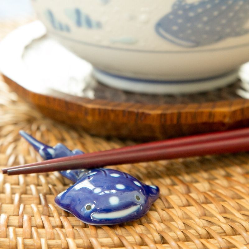 Jinbei Namama whale shark chopstick rest holding chopsticks beside donburi sashimi bowl — Japanese table setting, SHOPPUROO™