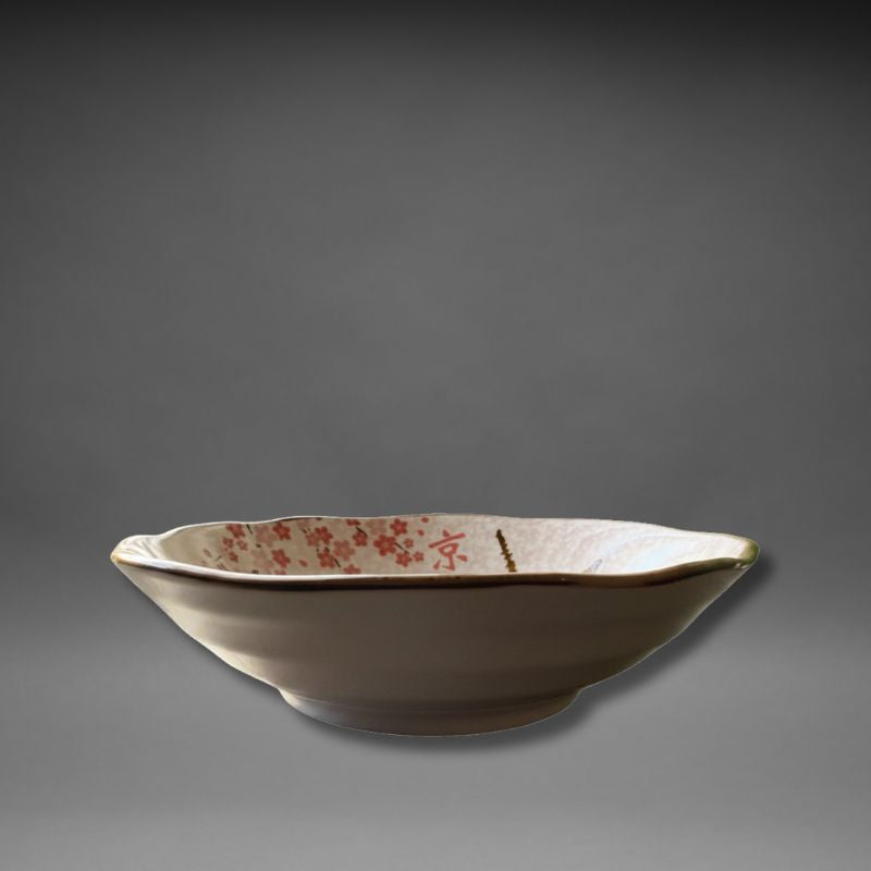 Mino-yaki Shiba Dog x Kyoto Serving Bowl 16.5cm — side profile showing irregular petal-shaped rim and gold edge trim — handcrafted Japanese Mino Ware ceramic — SHOPPUROO™