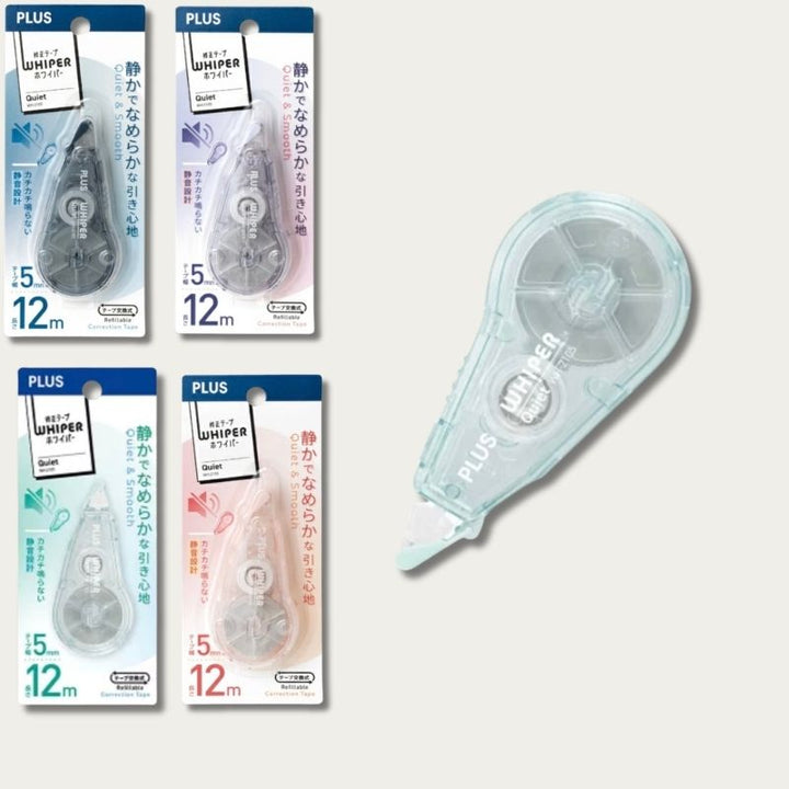 PLUS Whiper Quiet correction tape colour range – Navy, Purple, Pink, Mint variants