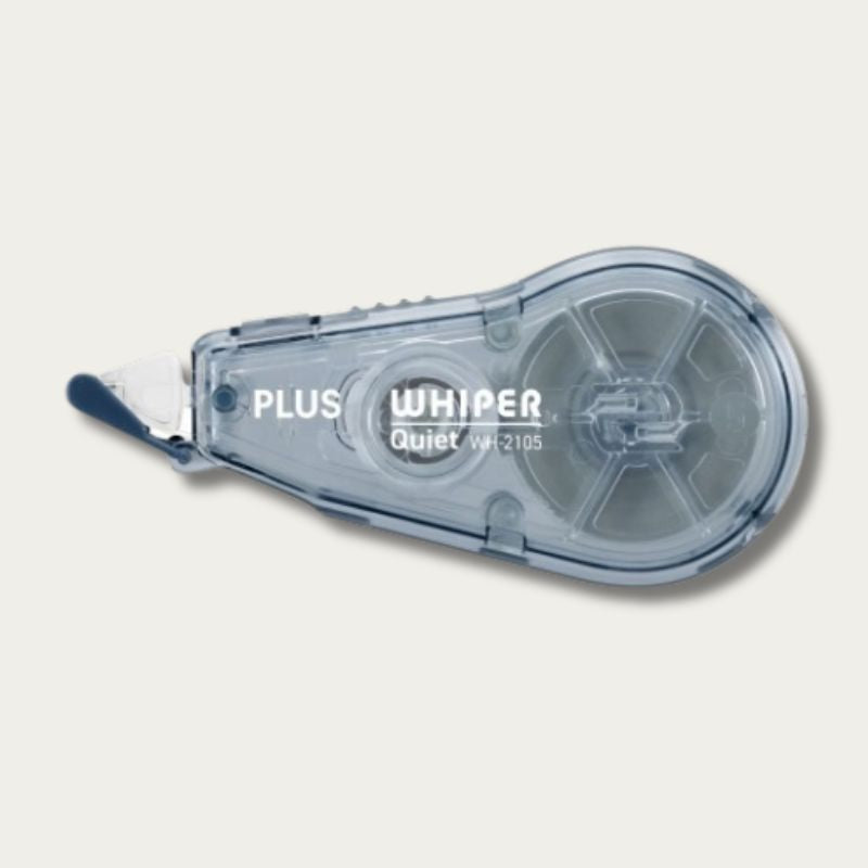 A PLUS Whisper Quiet correction tape with a translucent navy plastic body  shown on a light beige background.