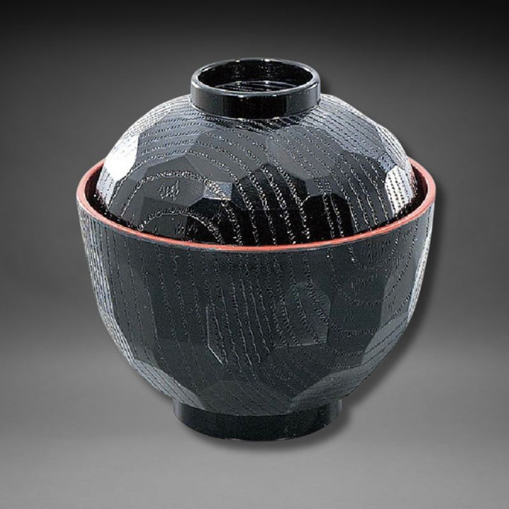 Authentic Japanese Kikkō Hexagonal Soup Bowl with Lid – Black & Red (Made in Japan)
