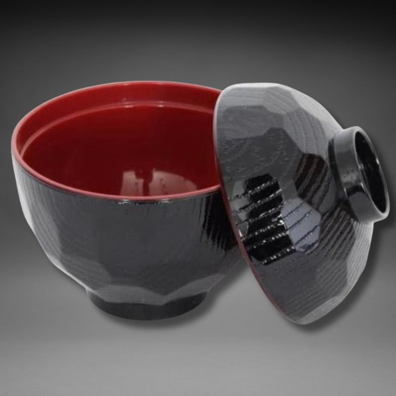 Authentic Japanese Kikkō Hexagonal Soup Bowl with Lid – Black & Red (Made in Japan)